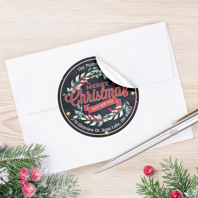 Merry Christmas New Year Floral Red Berry Address Classic Round Sticker (Creator Uploaded)