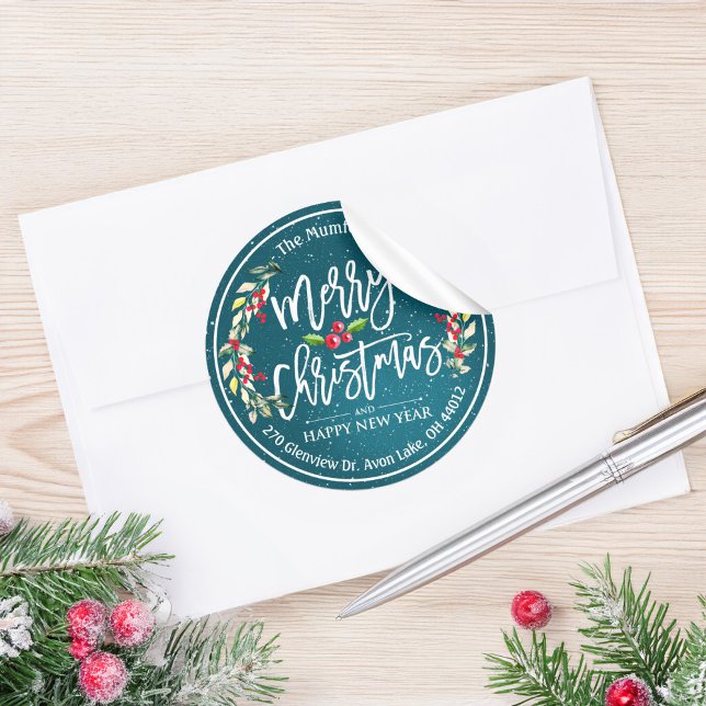 Merry Christmas New Year Floral Red Berry Address Classic Round Sticker (Creator Uploaded)
