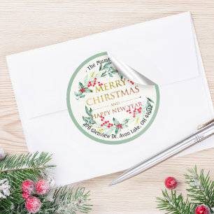 Merry Christmas New Year Floral Red Berry Address Classic Round Sticker