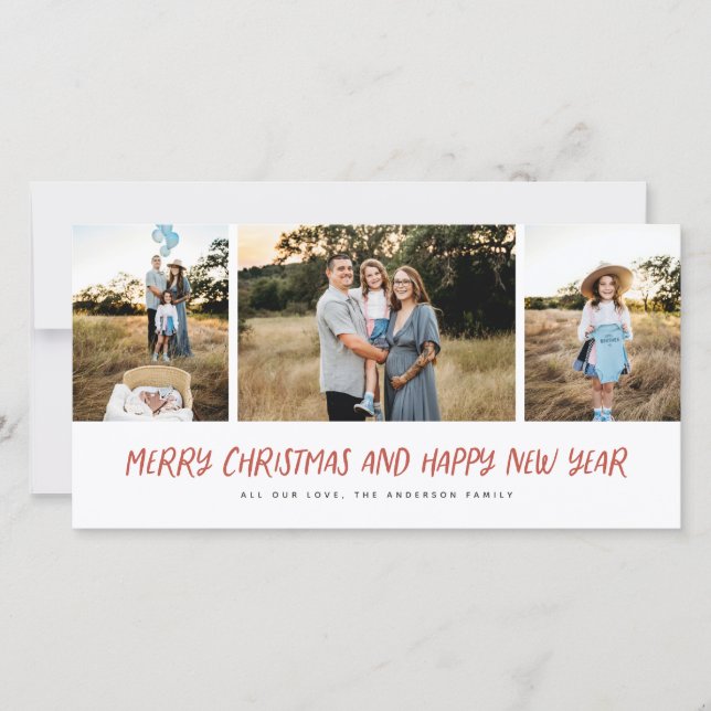 Merry Christmas New Year Modern 3 Photo Collage Ho Holiday Card (Front)