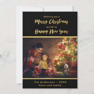 Merry Christmas New year photo black gold Holiday Card