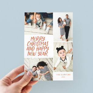 Merry Christmas New Year Red 4 Photo Collage Holiday Card