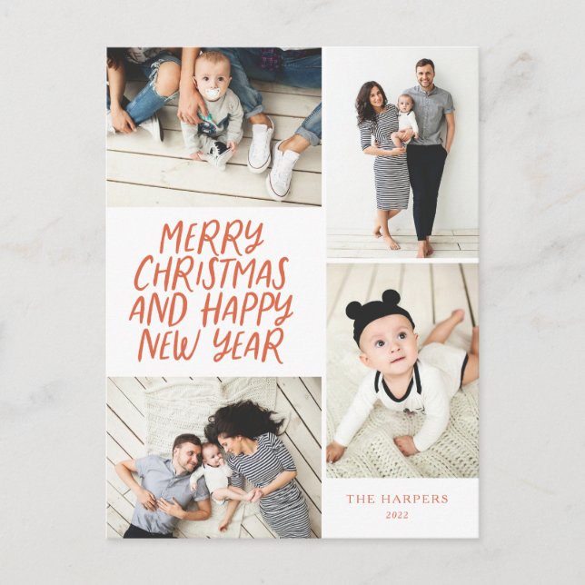 Merry Christmas New Year Red 4 Photo Collage Holiday Postcard (Front)