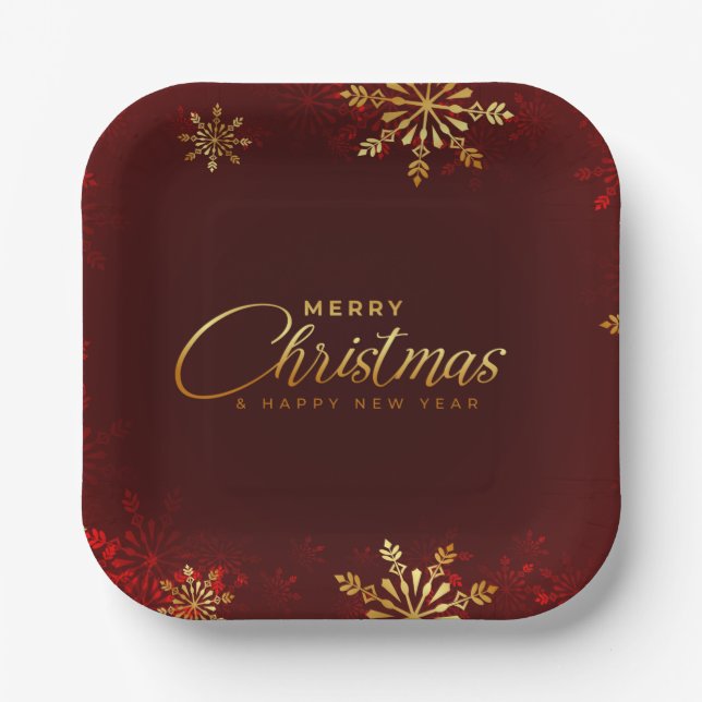 Merry Christmas New Year Red Gold Script Winter Paper Plate (Front)
