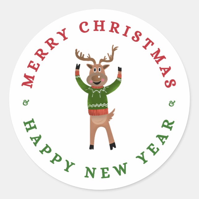 Merry Christmas New Year Reindeer Sticker (Front)