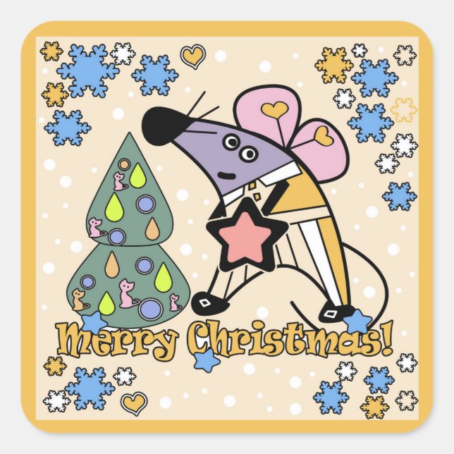 Merry Christmas New Year Symbol Mouse Cartoon cute Square Sticker (Front)