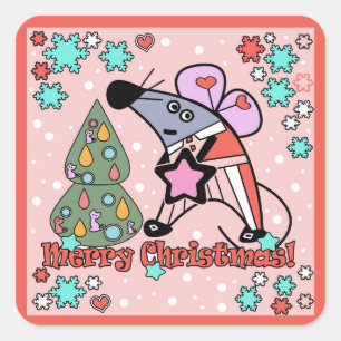 Merry Christmas New Year Symbol Mouse Cartoon cute Square Sticker