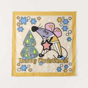 Merry Christmas New Year Symbol Mouse Cartoon cute Tapestry