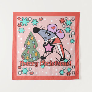 Merry Christmas New Year Symbol Mouse Cartoon cute Tapestry