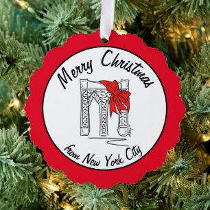 Merry Christmas New York City Brooklyn Bridge Bow Tree Decoration Card
