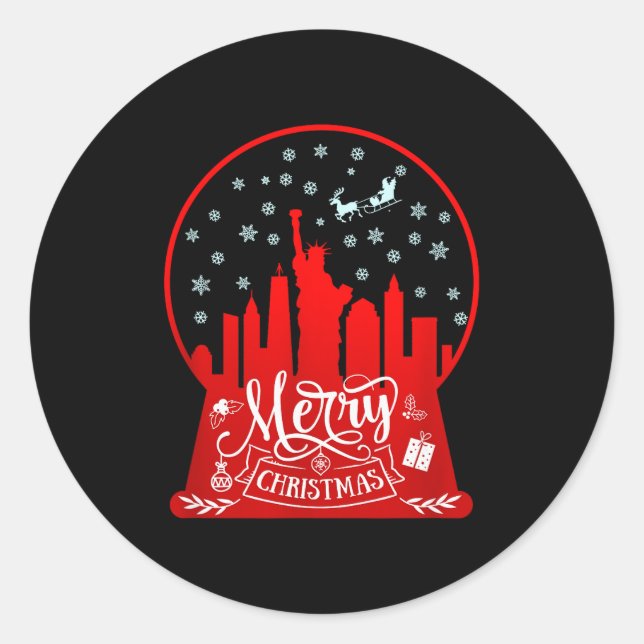 Merry Christmas New York Skyline In Snow Globe Sno Classic Round Sticker (Front)