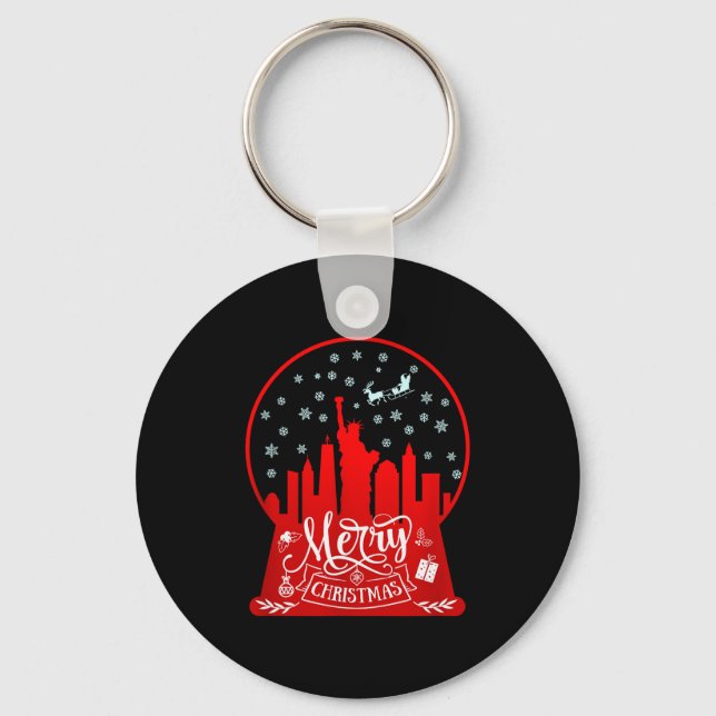 Merry Christmas New York Skyline In Snow Globe Sno Key Ring (Front)