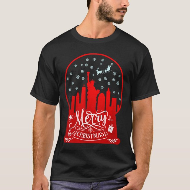 Merry Christmas New York Skyline In Snow Globe Sno T-Shirt (Front)