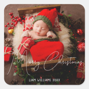 Merry Christmas newborn baby decorative white text Square Sticker