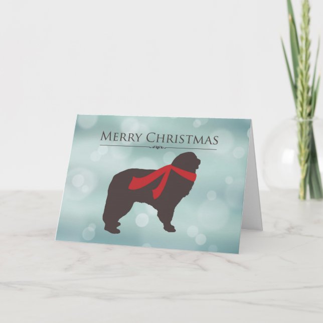 Merry Christmas, Newfoundland in Red Scarf, Bokeh Holiday Card (Front)