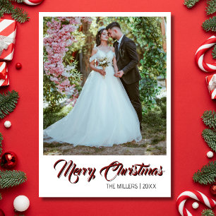 Merry Christmas Newlywed Photo Deep Burgundy Text Holiday Card