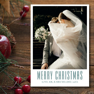 Merry Christmas Newlywed Photo Transformative Teal Holiday Card
