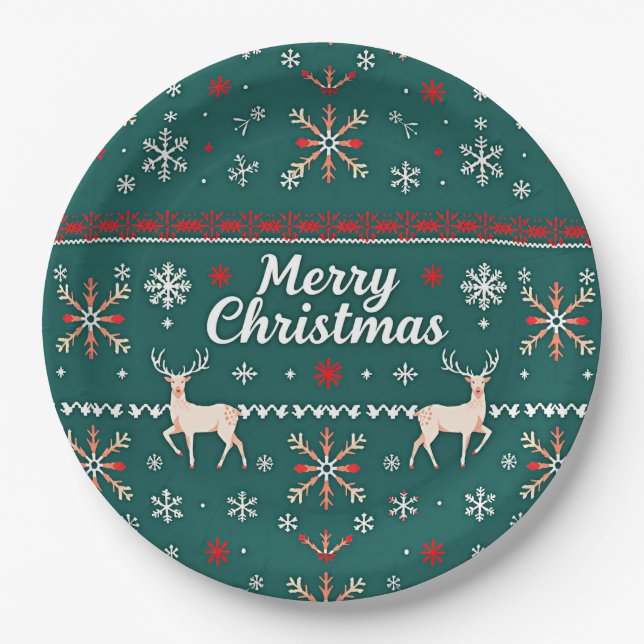 Merry Christmas nordic pattern Paper Plate (Front)