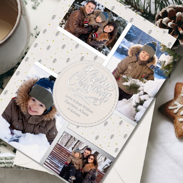 Merry Christmas Nordic Pine 4 Photo Collage Silver Foil Holiday Card (Creator Uploaded)