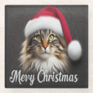 Merry Christmas Norwegian Forest Cat, Santa Kitty Glass Coaster
