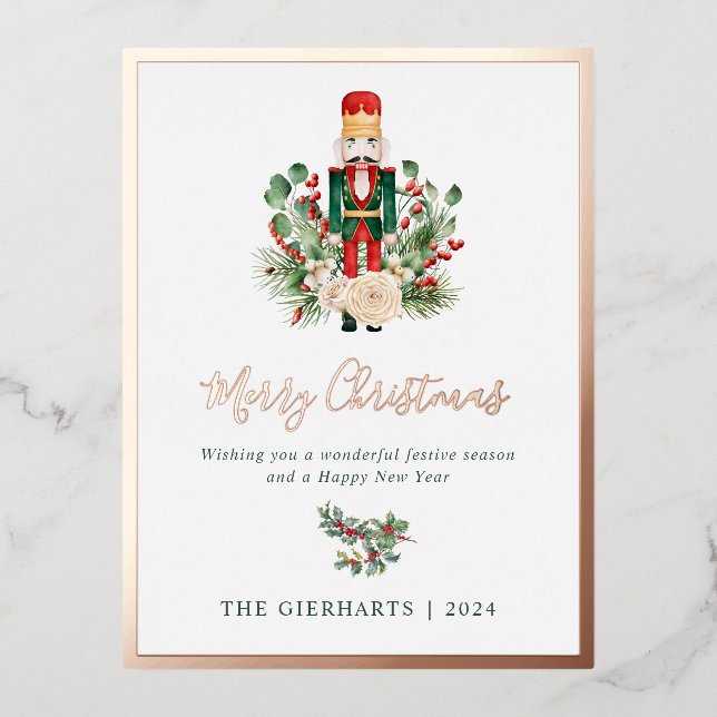 Merry Christmas Nutcracker Botanical Script Foil Holiday Postcard (Front)