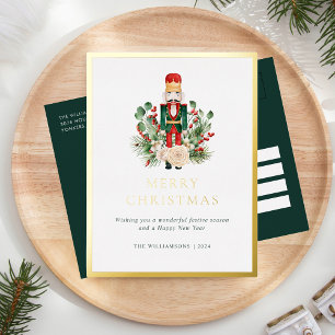 Merry Christmas Nutcracker Greenery Elegant Foil Holiday Postcard