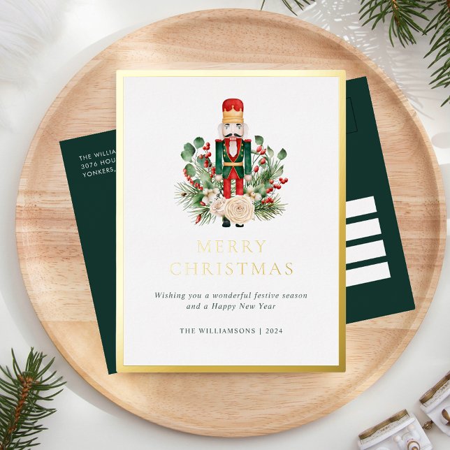 Merry Christmas Nutcracker Greenery Elegant Foil Holiday Postcard (Merry Christmas Elegant Nutcracker Greenery Greetings Card Gold Foil)