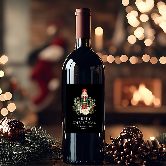 Merry Christmas Nutcracker Script Botanical Custom Wine Label (Merry Christmas Nutcracker Script Botanical Custom Wine Label)