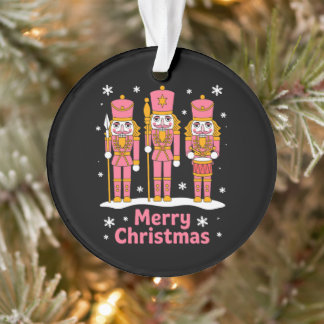 Merry Christmas Nutcracker Soldiers Snowflake Pink Ornament