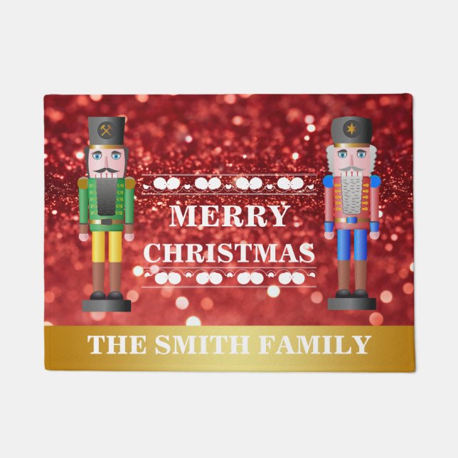 Merry Christmas Nutcrackers Red Gold Welcome Doormat (Front)