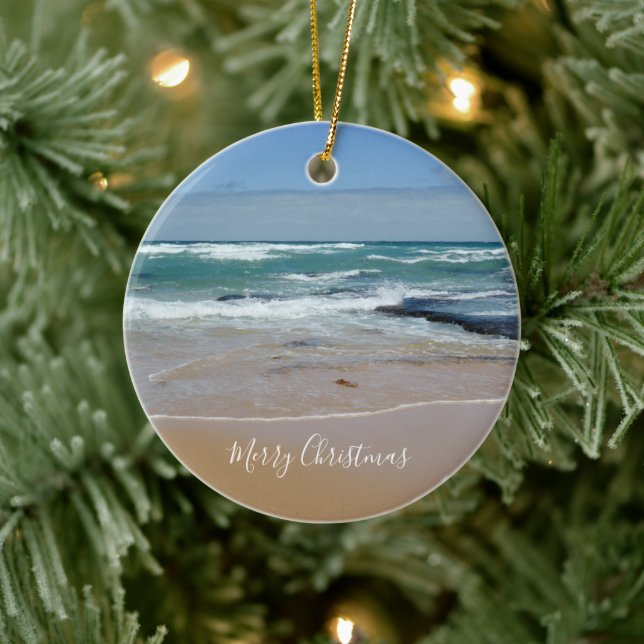 Merry Christmas Ocean Waves Round Ceramic Ornament (Tree)