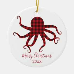 Merry Christmas Octopus Red Black Plaid Ceramic Ornament