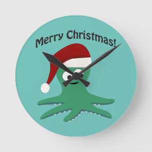 Merry Christmas Octopus Round Clock