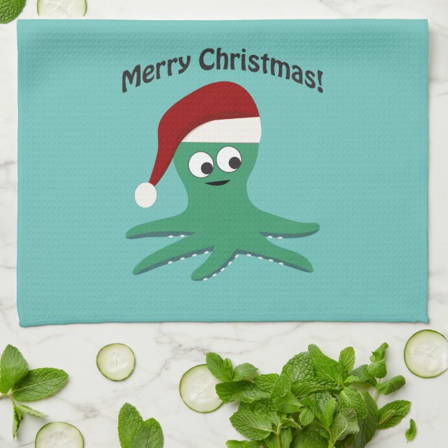 Merry Christmas Octopus Tea Towel (Folded)