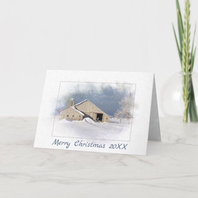 Merry Christmas old barn in snowflakes Card (Front)