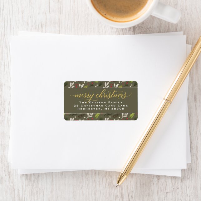Merry Christmas Olive Gold Elegant Script Address Label (Insitu)