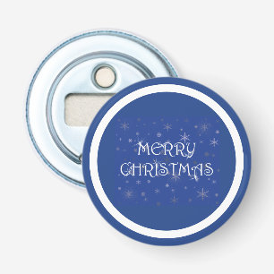 Merry Christmas on Blue with Snowflakes Bottle Opener