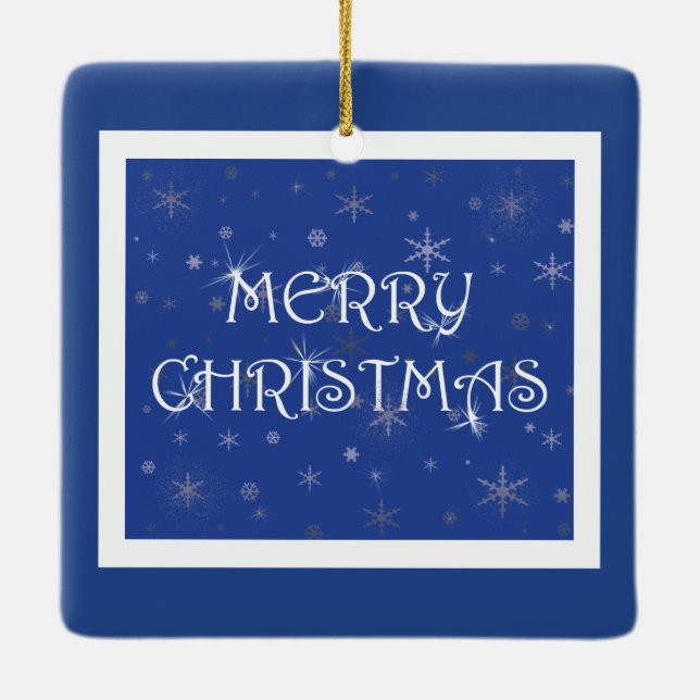 Merry Christmas on Blue with Snowflakes Ceramic Ornament (Back)