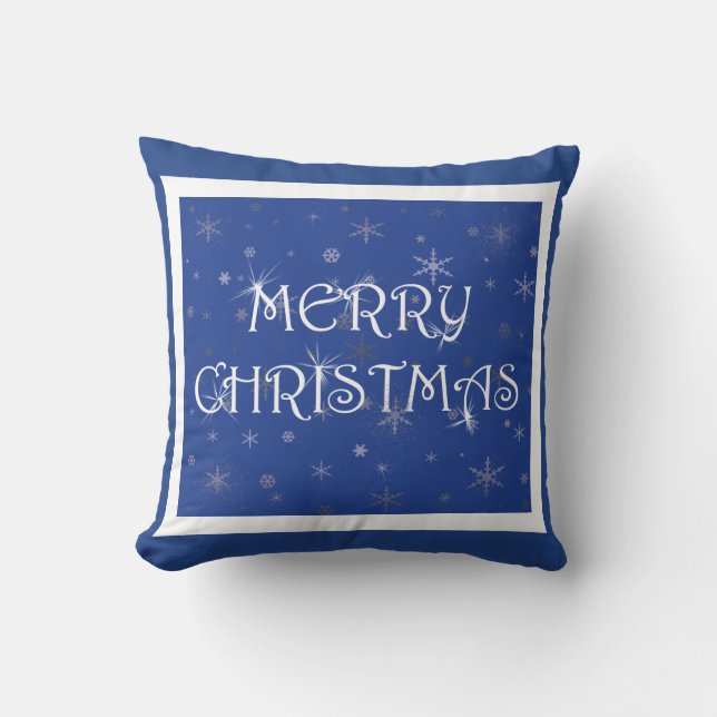 Merry Christmas on Blue with Snowflakes Cushion (Front)