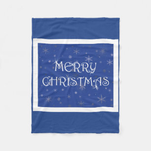 Merry Christmas on Blue with Snowflakes Fleece Blanket