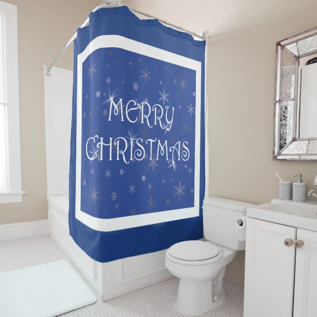 Merry Christmas on Blue with Snowflakes Shower Curtain (In Situ)