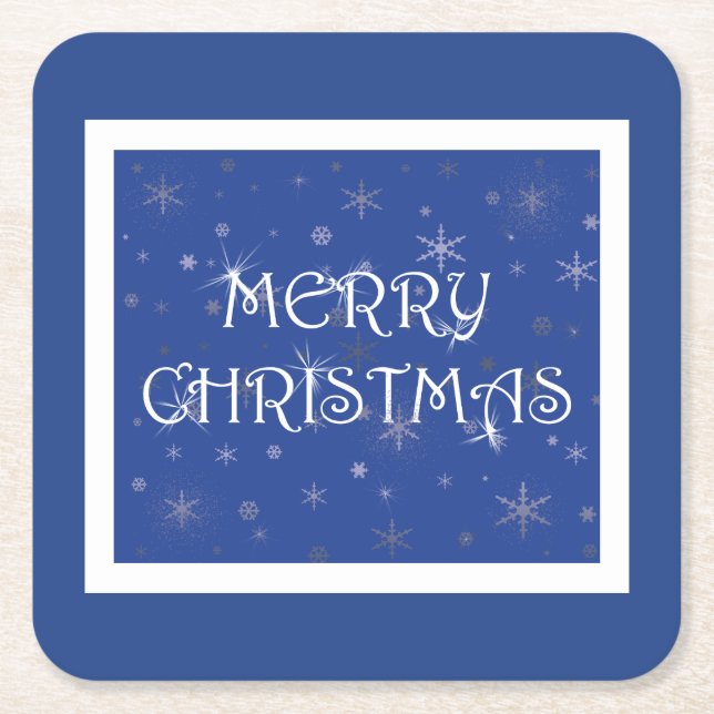 Merry Christmas on Blue with Snowflakes Square Paper Coaster (Front)