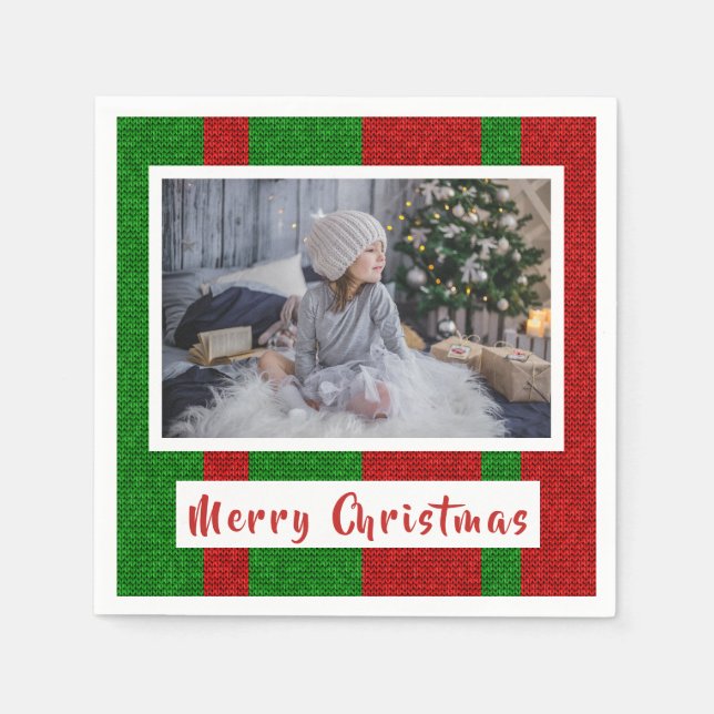 Merry Christmas on Knitting Red and Green Photo Napkin (Front)