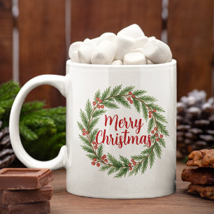 Merry Christmas On Red Green Holly Wreath Holiday Coffee Mug