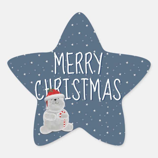 Merry Christmas On Stars and Polar Bear Star Sticker (Front)