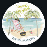 Merry Christmas on the Beach Family Name  Classic Round Sticker<br><div class="desc">Doesn't this tell a great story -- it is still a Merry Christmas on the beach moment -- whether you are actually on the beach or might like to imagine that you are -- this artistic watercolor sticker will take you there. Enjoy and it would make a really fun and...</div>