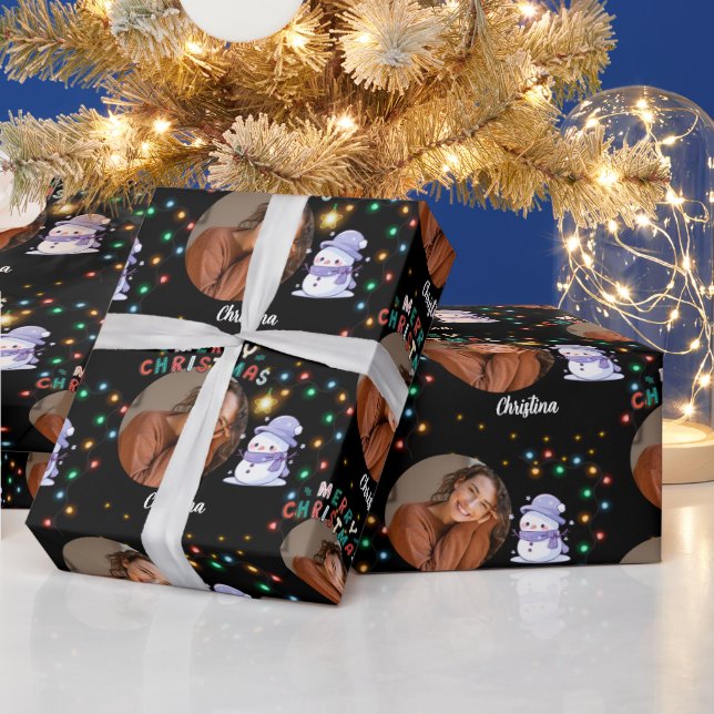 Merry Christmas one circle photo and name snowman Wrapping Paper (Holidays)