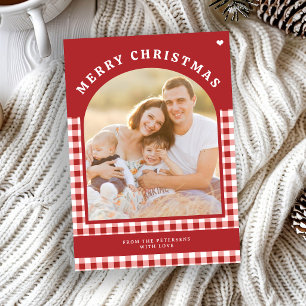 Merry Christmas one photo rustic red gingham Holiday Card