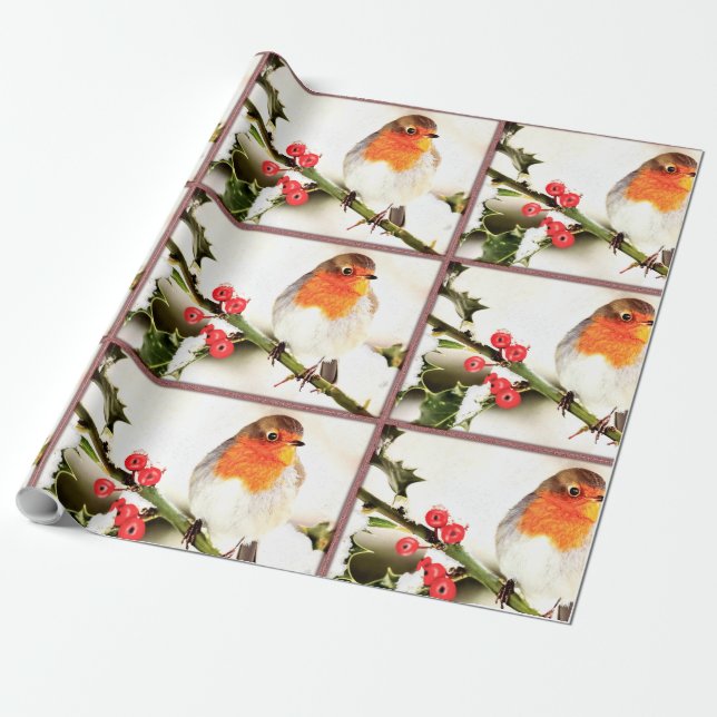 Merry Christmas Orange Bird Holiday Wrapping Paper (Unrolled)