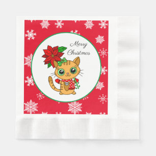 Merry Christmas   Orange Cat with Poinsettia  Napkin